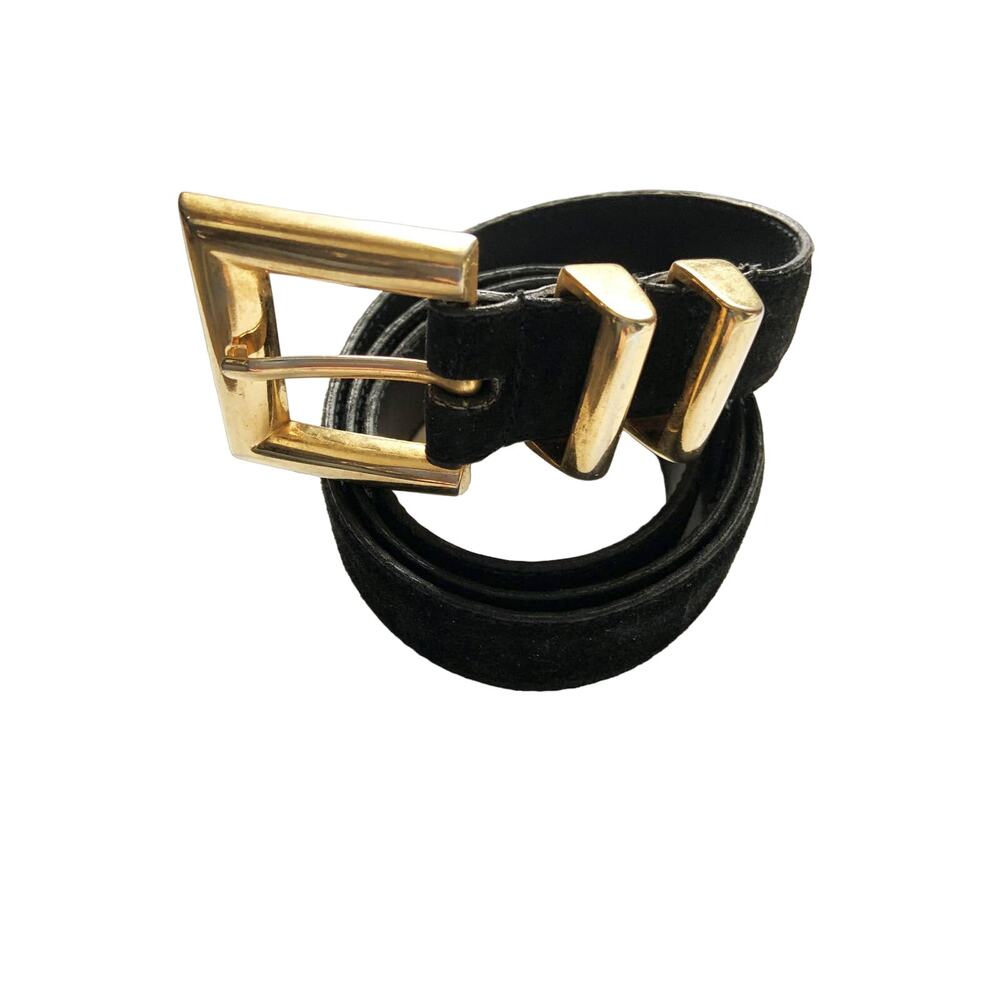 Fashions by Hugo Black Genuine Leather Belt Golden Buckle Size SM B61